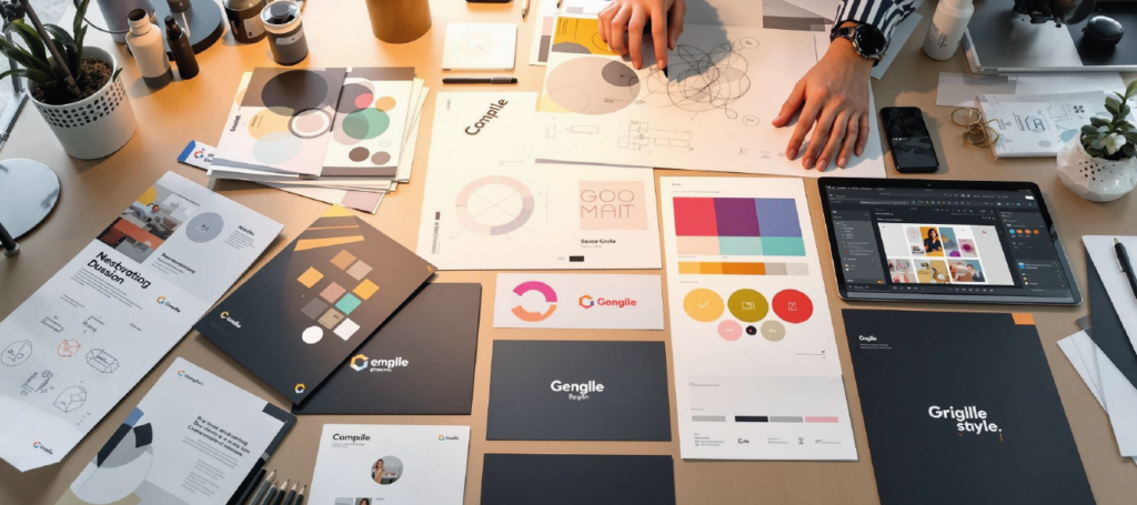 Muestra una imagen donde se están estudiando todos los componentes del diseño de la identidad visual de una marca.